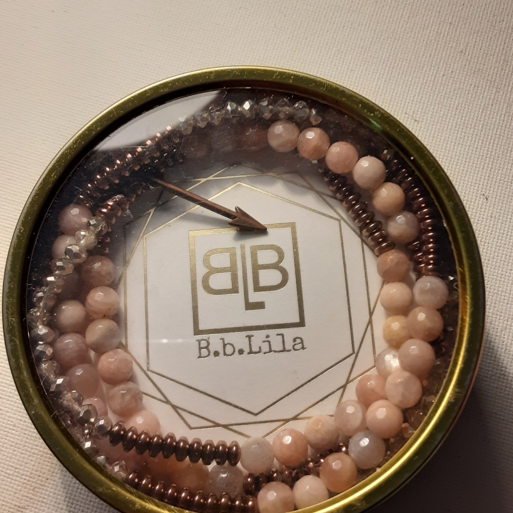 Pink/beige and Copper Beaded Bracelet Set. B.b Lila Design